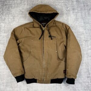 Tough Duck Jacket Mens Medium Tan Canvas Hooded Workwear Quilt Lined Grunge